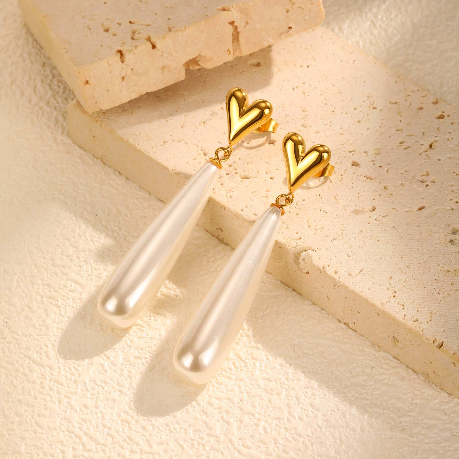 Bulk Heart Gold Pearl Anti Tarnish Stainless Steel Dangler Earrings