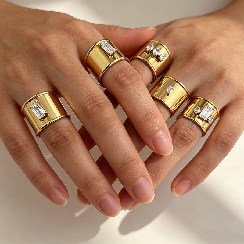 Designer Wide Band Gold CZ Stainless Steel Anti Tarnish Fancy Ring Bulk