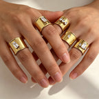 Designer Wide Band Gold CZ Stainless Steel Anti Tarnish Fancy Ring Bulk