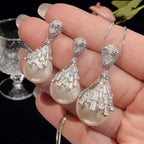 Drop White Silver Pearl Cubic Zirconia Necklace Earring Set Women Bulk