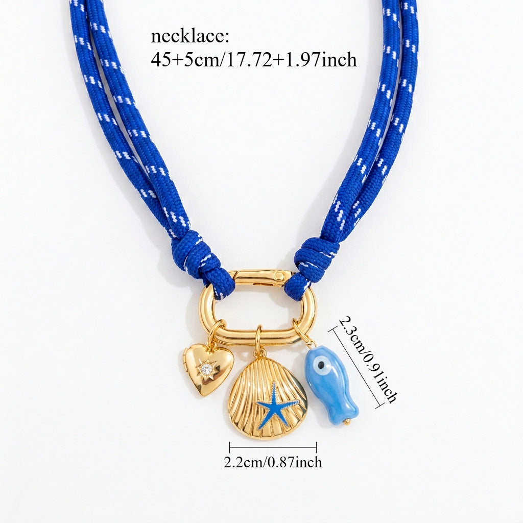 Trendy Coastal Style Blue Enamel Charm Gold Plated Fabric Necklace Bulk