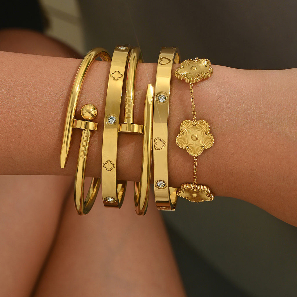 Gold Silver Clover Cubic Zirconia Stainless Steel Bracelet Women Bulk