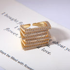 Multi Layer Square Design Gold CZ Copper Anti Tarnish Cocktail Ring Bulk