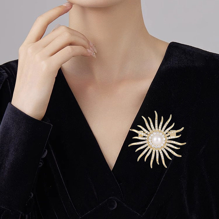 Sun Cubic Zirconia Pearl White 18K Gold Anti Tarnish Brooch Women Bulk