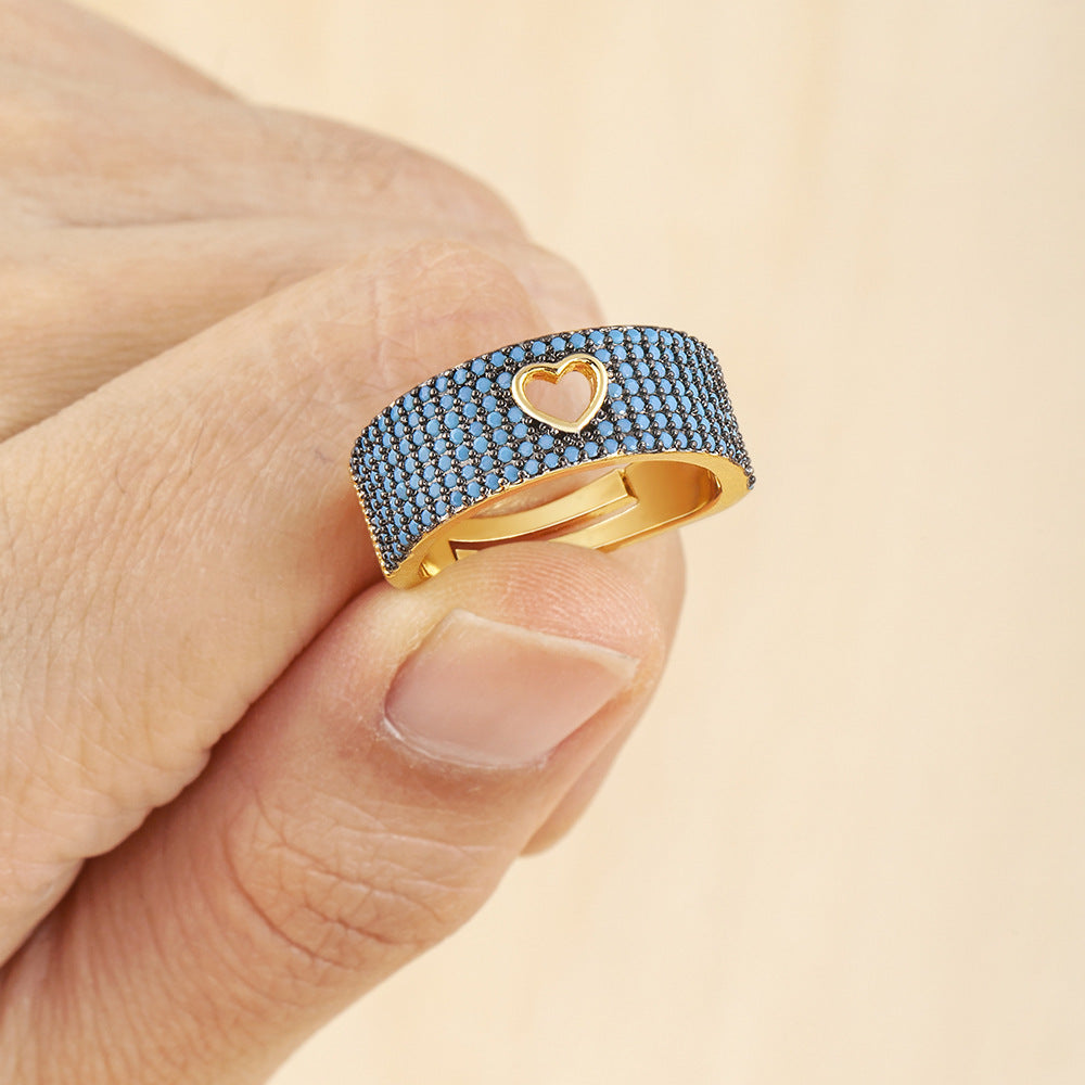 Designer Heart Pave Wide Band Gold CZ Copper Adjustable Fancy Ring Bulk
