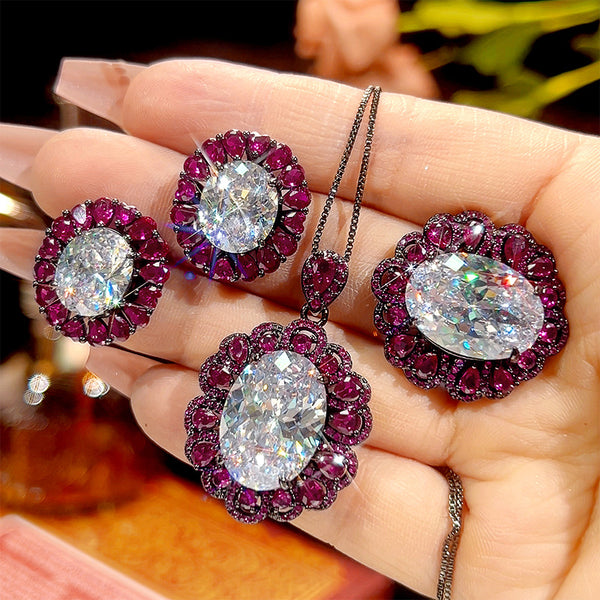 Oval Cluster Black CZ Anti Tarnish Copper Necklace Combo Set Wholesale Main image