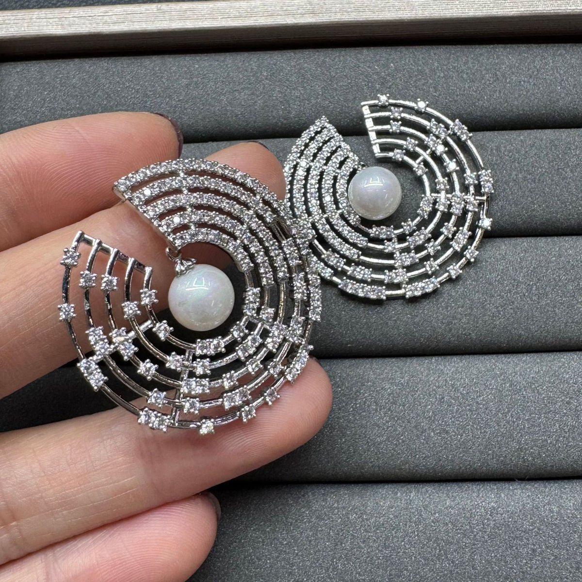 Silver Concentric Circular Cubic Zirconia Copper Stud Earrings Women Bulk