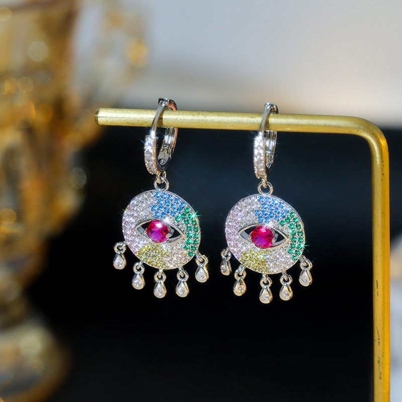 Multi Color Evil Eye Silver Plated CZ Dangler Hoop Earrings Bulk Main image