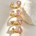 Pink Geometric Cubic Zirconia Copper Adjustable Ring For Women Bulk