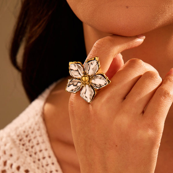Flower Gold Silver Stainless Steel Anti Tarnish Adjustable Ring Bulk Secondary image