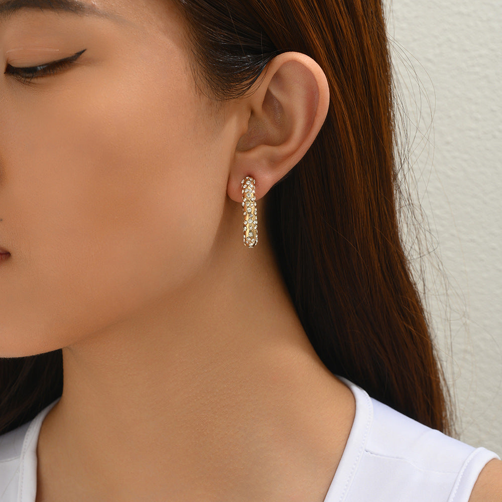 Trendy Paved U-Shape Gold Plated CZ Stainless Steel Stud Earrings Bulk