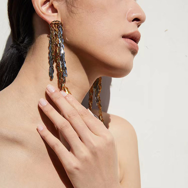 Luxury Dual Tone Cascading Leaf Gold Silver Copper Dangler Earrings Bulk