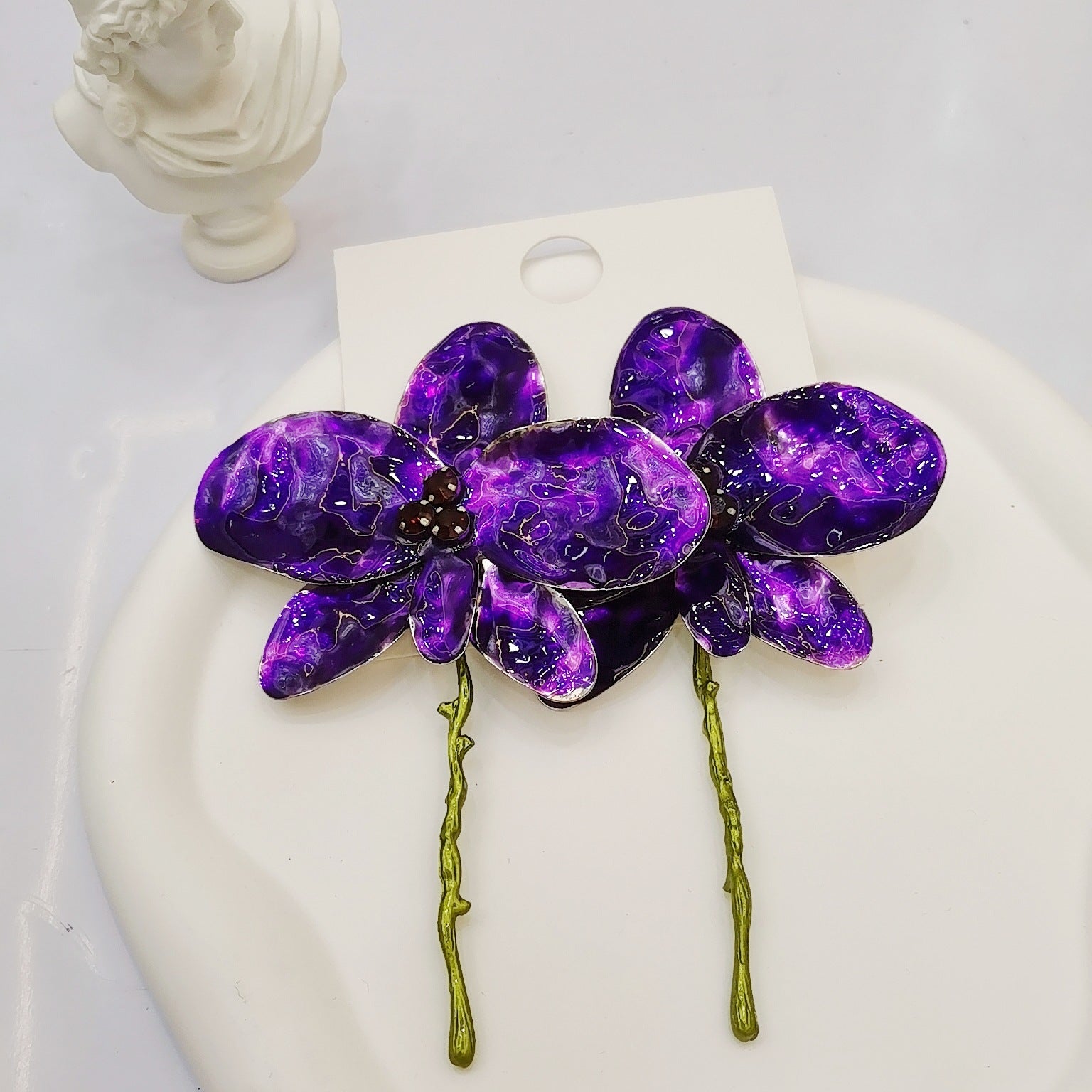 White Purple Black Flower Leaves Gold Enamel Dangler Earrings Bulk Main image