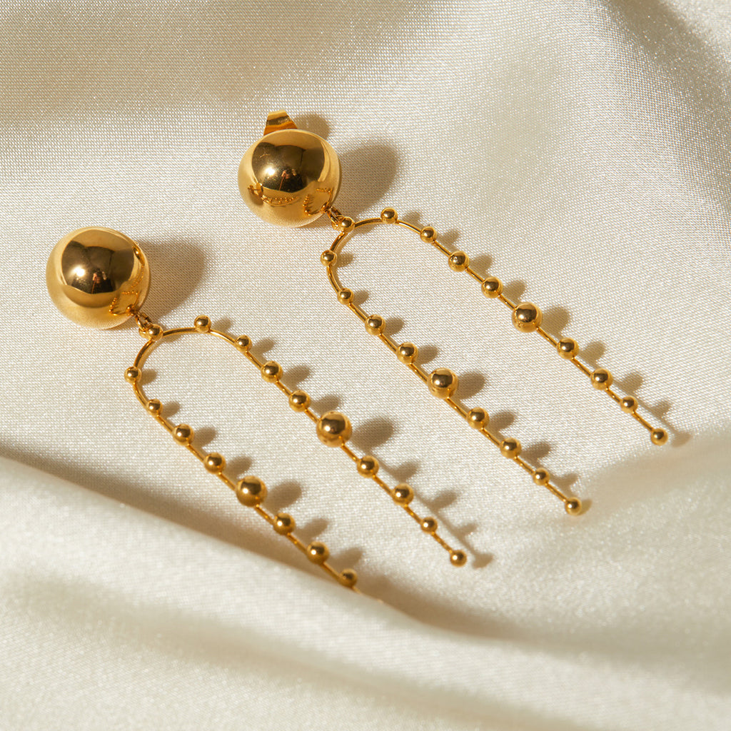 18K Gold Anti Tarnish Stainless Steel Ball Layer Tassel Dangler Earrings For Women