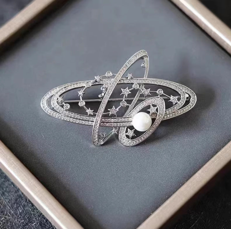 Gold Silver Saturn Planet Cubic Zirconia Copper Brooch For Women Bulk