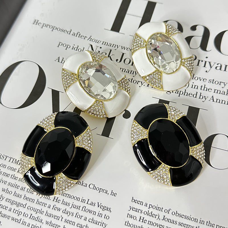 Oval 18K Gold White Enamel Cubic Zirconia Stud Earring For Women Bulk
