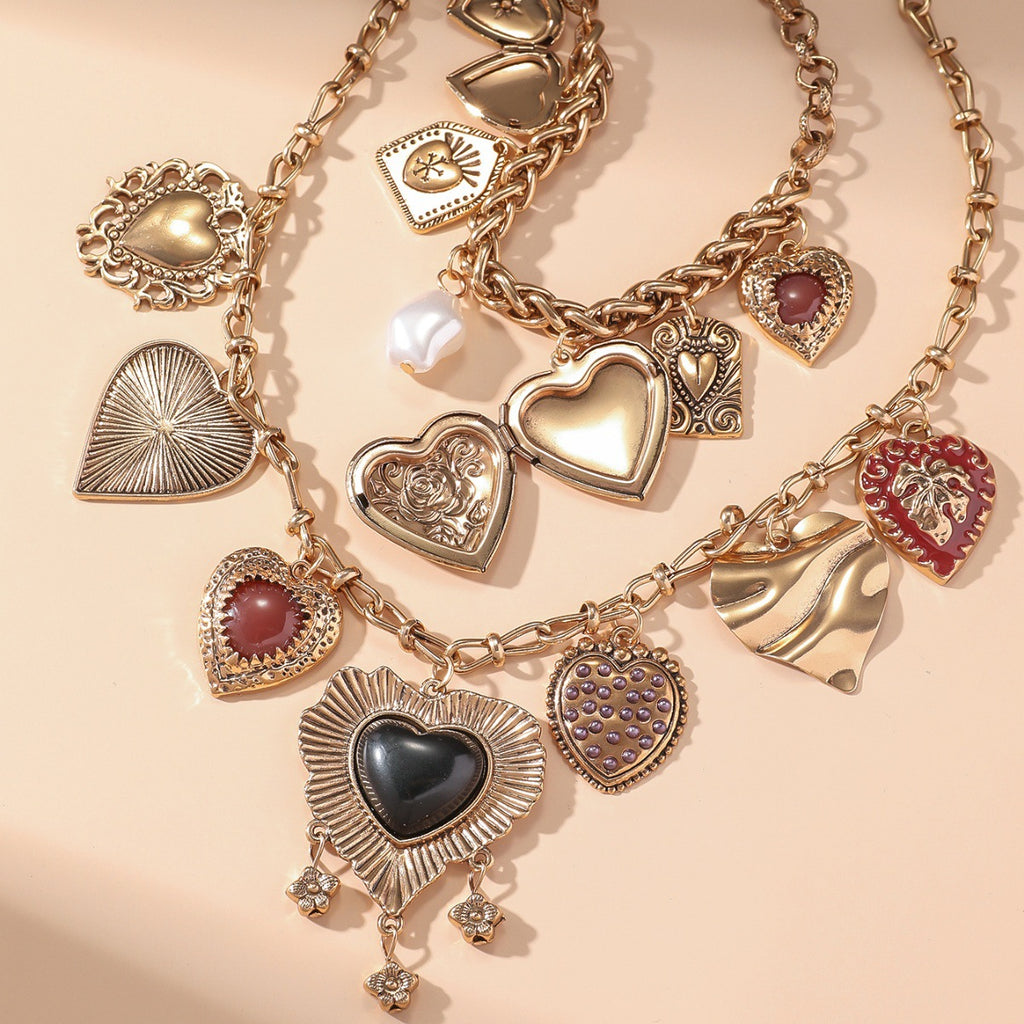 Various Heart 18K Gold Silver Dual Layer Necklace Chain For Women