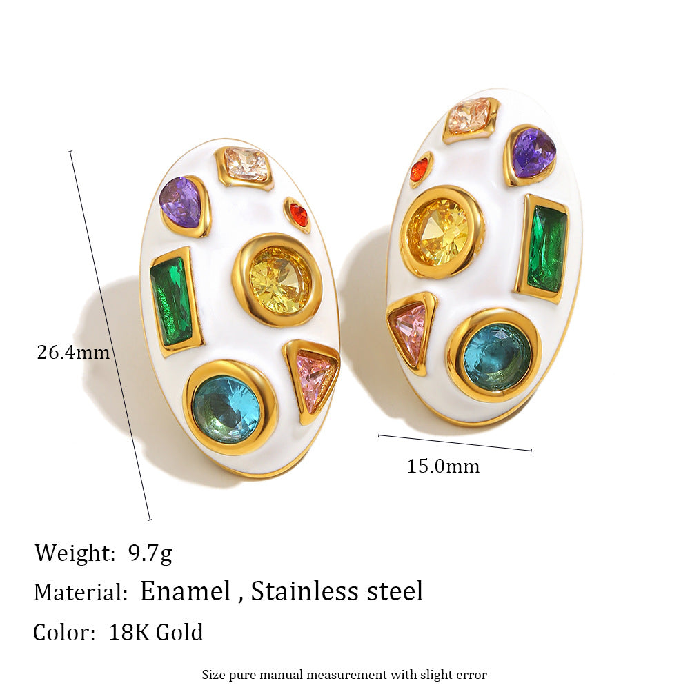Heart Oval 18K Gold CZ Enamel Stainless Steel Stud Earring Pair Bulk
