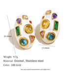 Heart Oval 18K Gold CZ Enamel Stainless Steel Stud Earring Pair Bulk