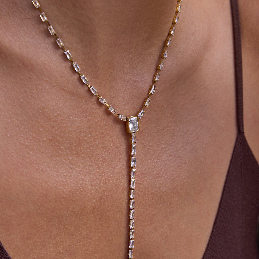 Gold Baguette Cubic Zirconia Stainless Steel Necklace For Women Bulk