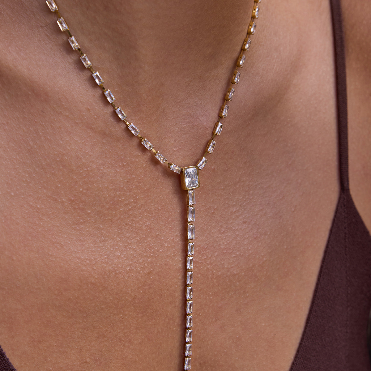 Gold Baguette Cubic Zirconia Stainless Steel Necklace For Women Bulk