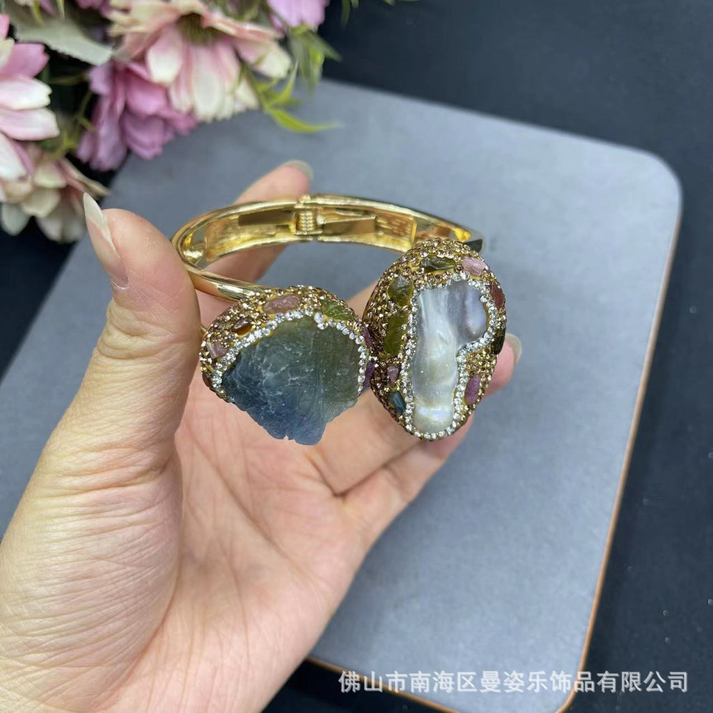 Dual Gemstone 18K Gold Pearl Openable Kada Bracelet For Women Bulk