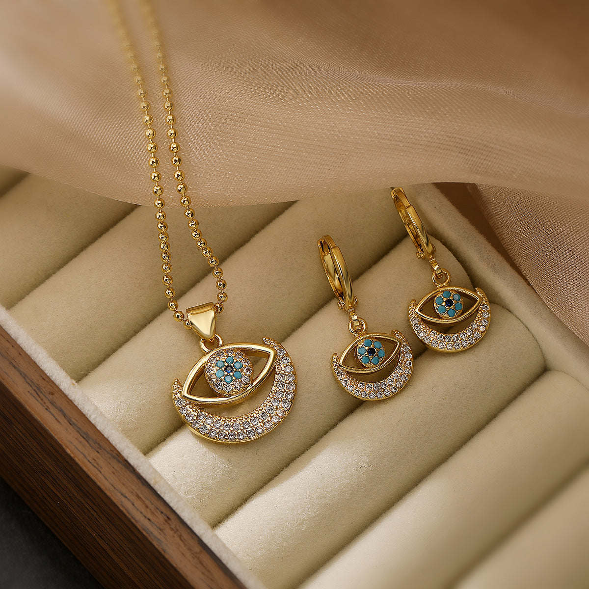 Moon Evil Eye 18K Gold CZ Anti Tarnish Pendant Chain Earring Set Bulk Main image