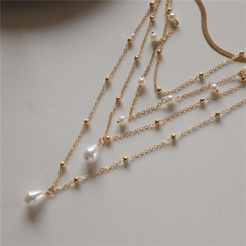 Drop White 18K Gold Anti Tarnish Pearl Layer Link Chain Anti Tarnish Necklace For Women