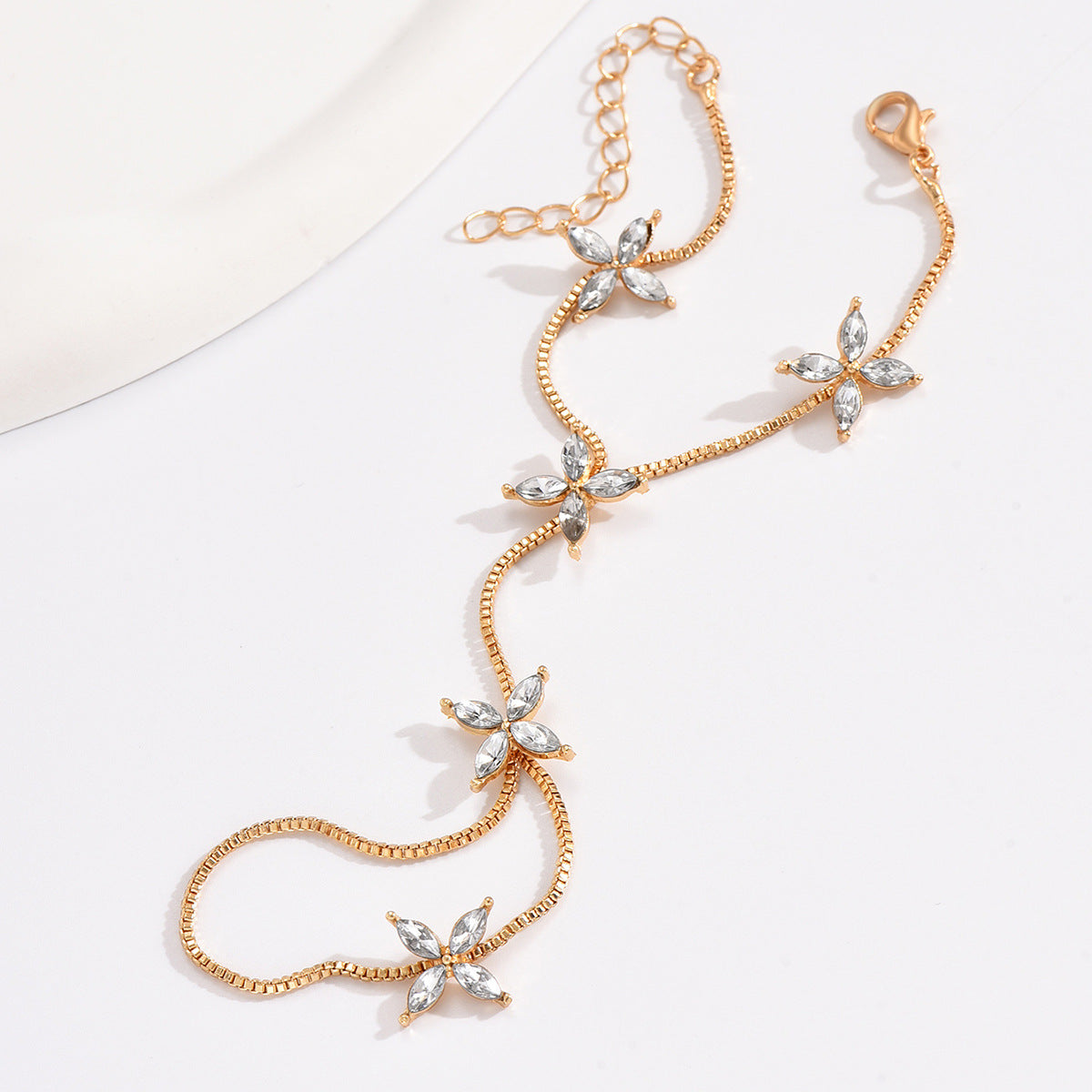 Flower Oval Solitaire Gold Silver Anti Tarnish Box Chain Bracelet Joint Ring For Women