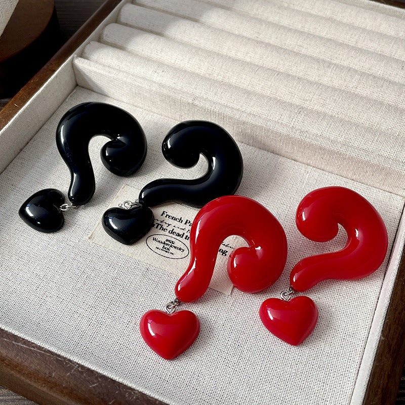 Question Mark Heart Enamel 18K Gold Red Black Anti Tarnish Dangler Drop Earring For Women
