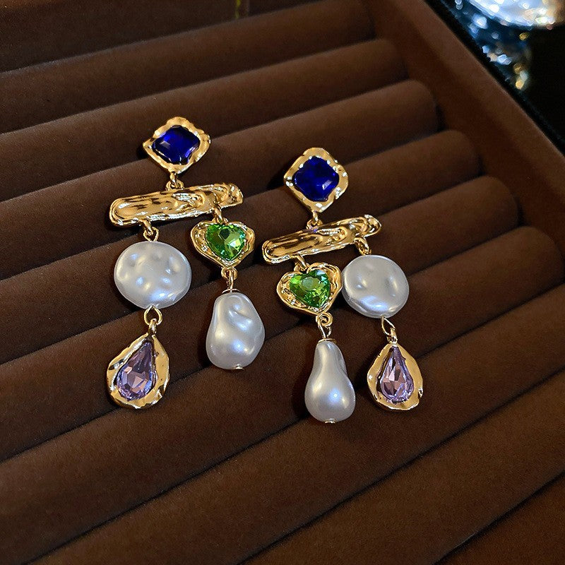Beaten Finish Heart Drop Pearl Crystal Dangler Earring For Women Bulk Main image