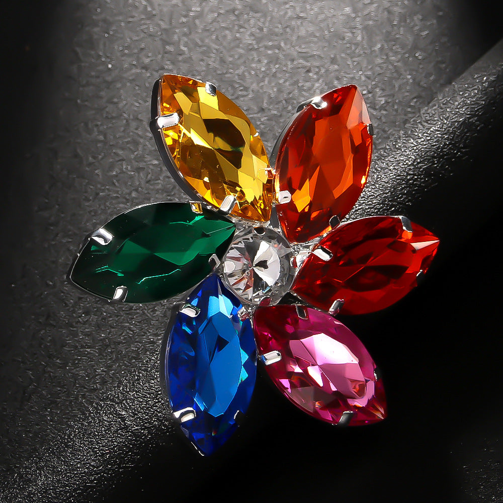 Rainbow Flower Multi Crystal Silver Free Size Anti Tarnish Ring Bulk