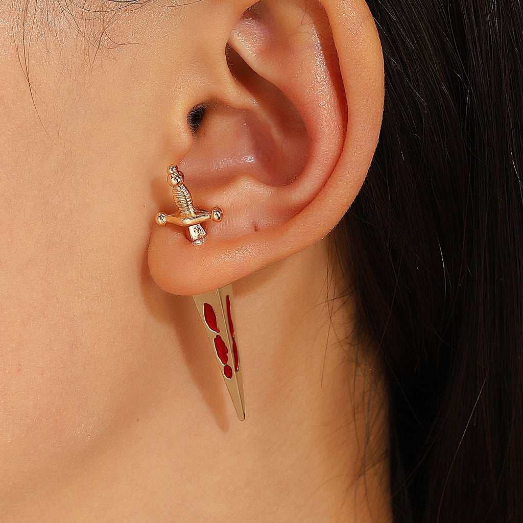 Glossy Red Dagger Sword Gold Silver Rhinestone Drop Earrings Wholesale