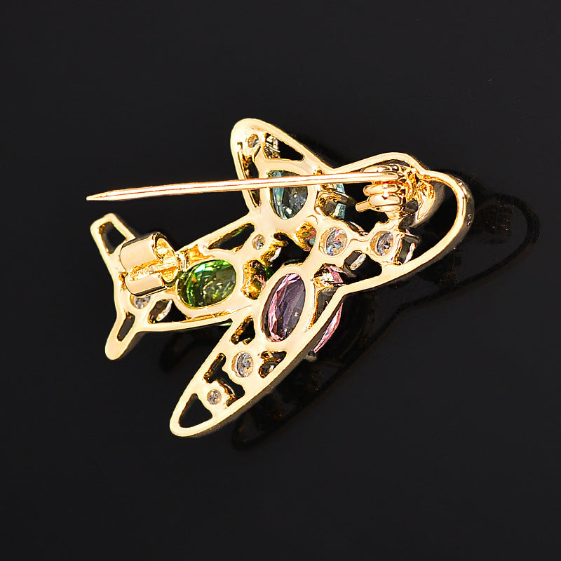 Modern Aircraft Style Gold Plated Multi Color Crystal Copper Brooch Bulk