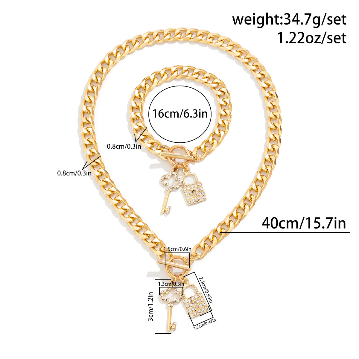 Key Lock Toggle CZ 18K Gold Curb Chain Necklace Bracelet Bulk