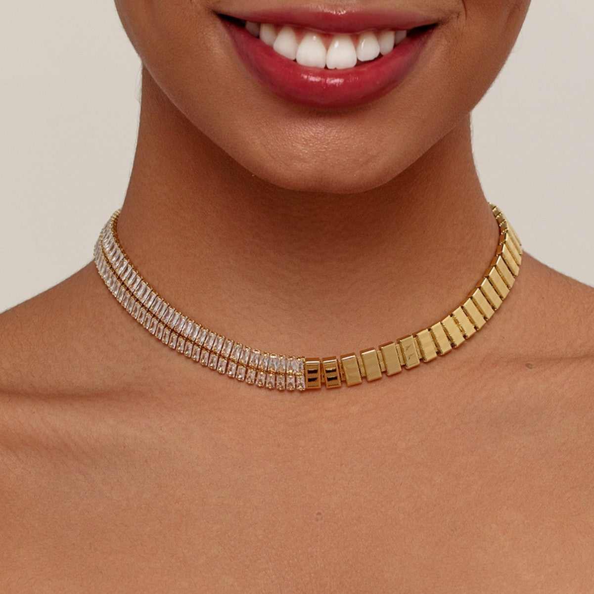 Designer Half Baguette Gold Plated CZ Anti Tarnish Brass Necklace Bulk Secondary image
