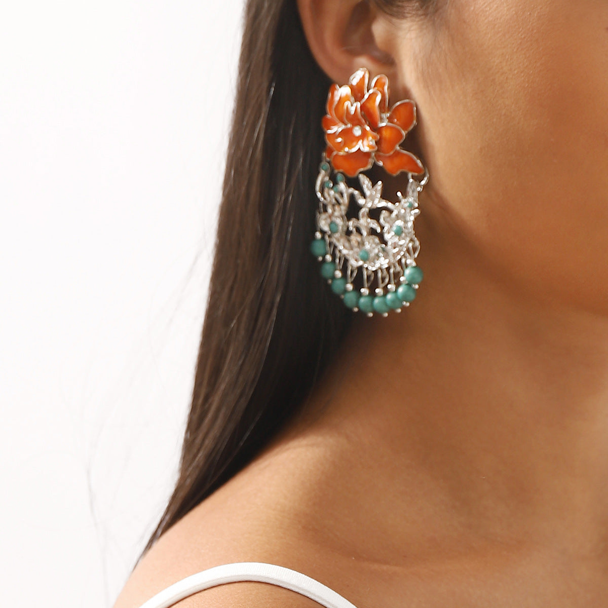Multi Color Ethnic Style Floral Silver Enamel Dangler Earrings Bulk Main image
