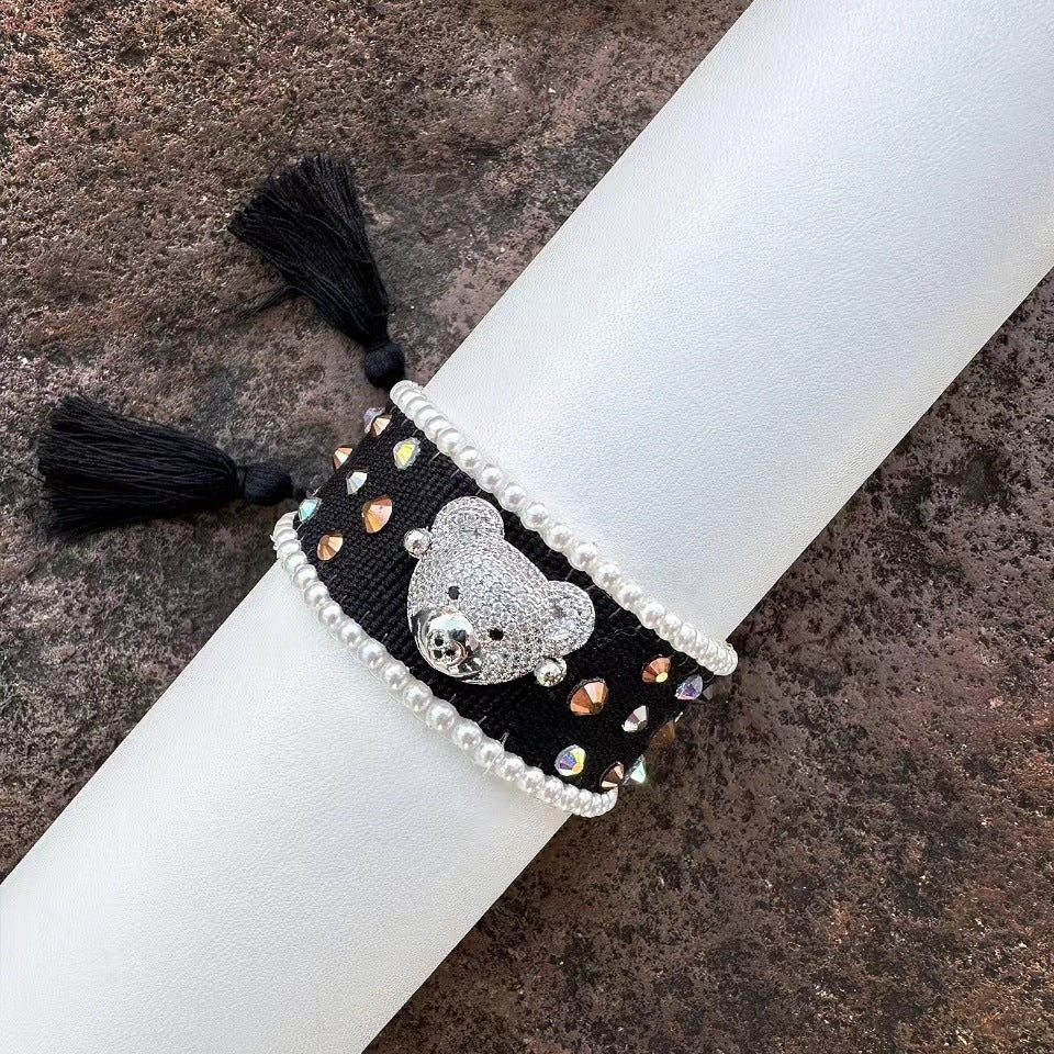 Teddy Bear Face Crystal Fabric Writ Band Threads Bracelet Bulk