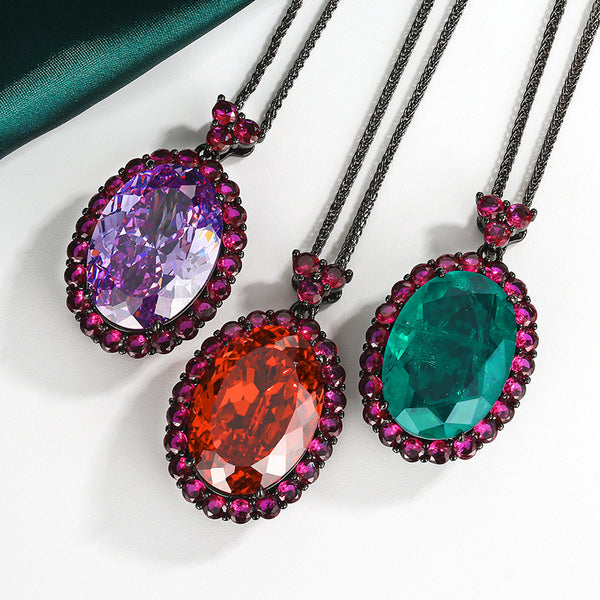 Vintage Style Oval Black CZ Anti Tarnish Copper Pendant Chain Wholesale Main image