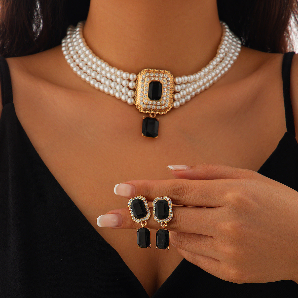 Cushion Black White 18K Gold Pearl CZ Choker Necklace Earring Set Bulk Secondary image