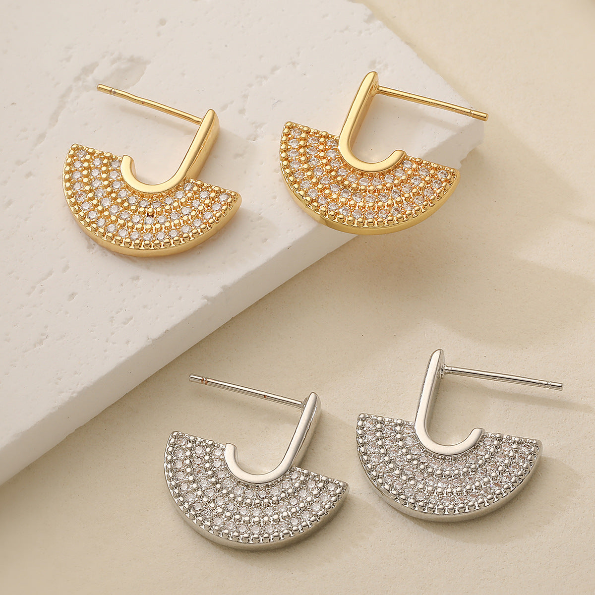 Half Round CZ 18K Gold Silver Anti Tarnish Hoop Earring Bulk Main image
