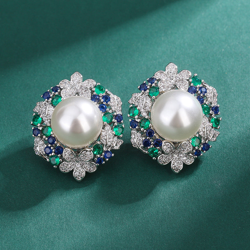 Sunflower Silver Blue White Pearl CZ Crystal Necklace Earring Set Bulk