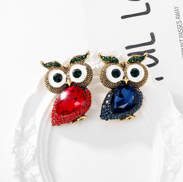 Red Blue Owl Gold Cubic Zirconia Copper Brooch For Women Bulk
