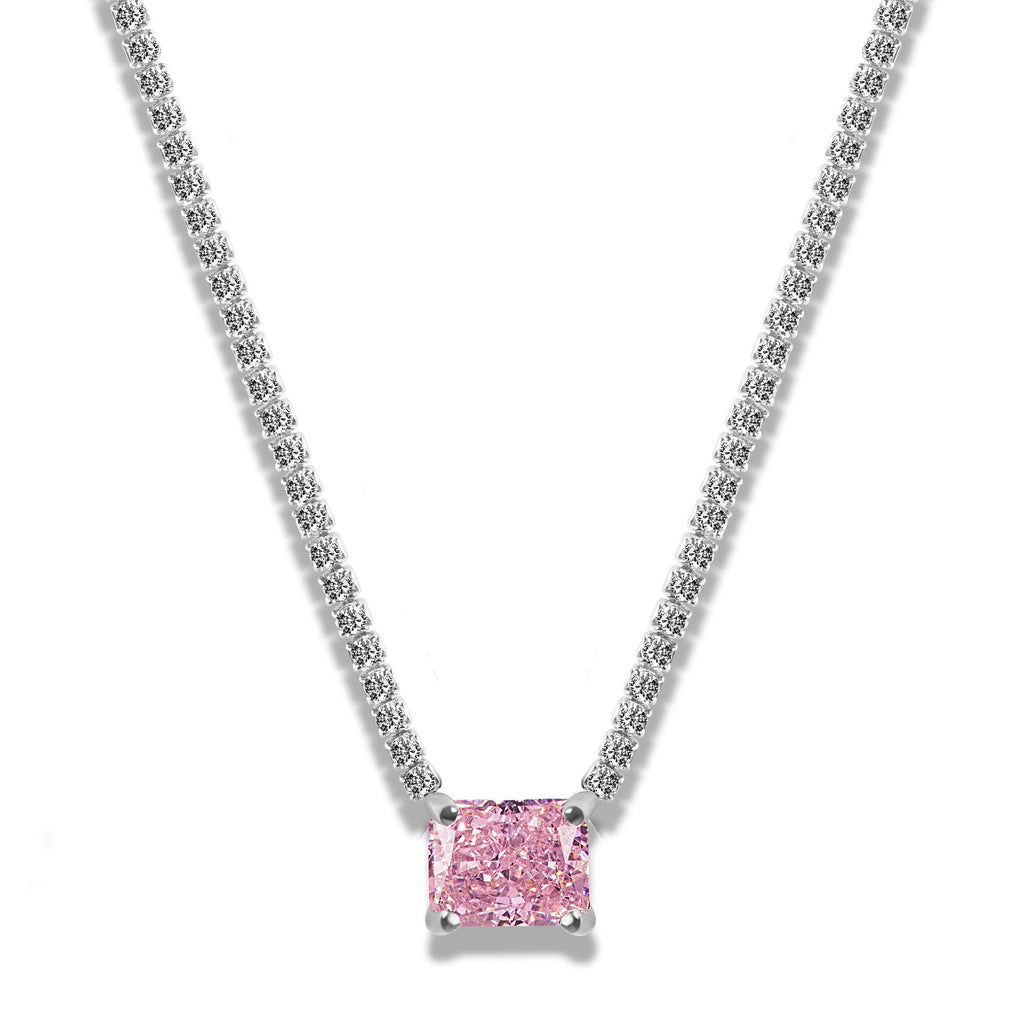 Rectangle Solitaire Silver Yellow Pink Cubic Zirconia Crystal Stainless Steel Anti Tarnish Necklace Chain For Women