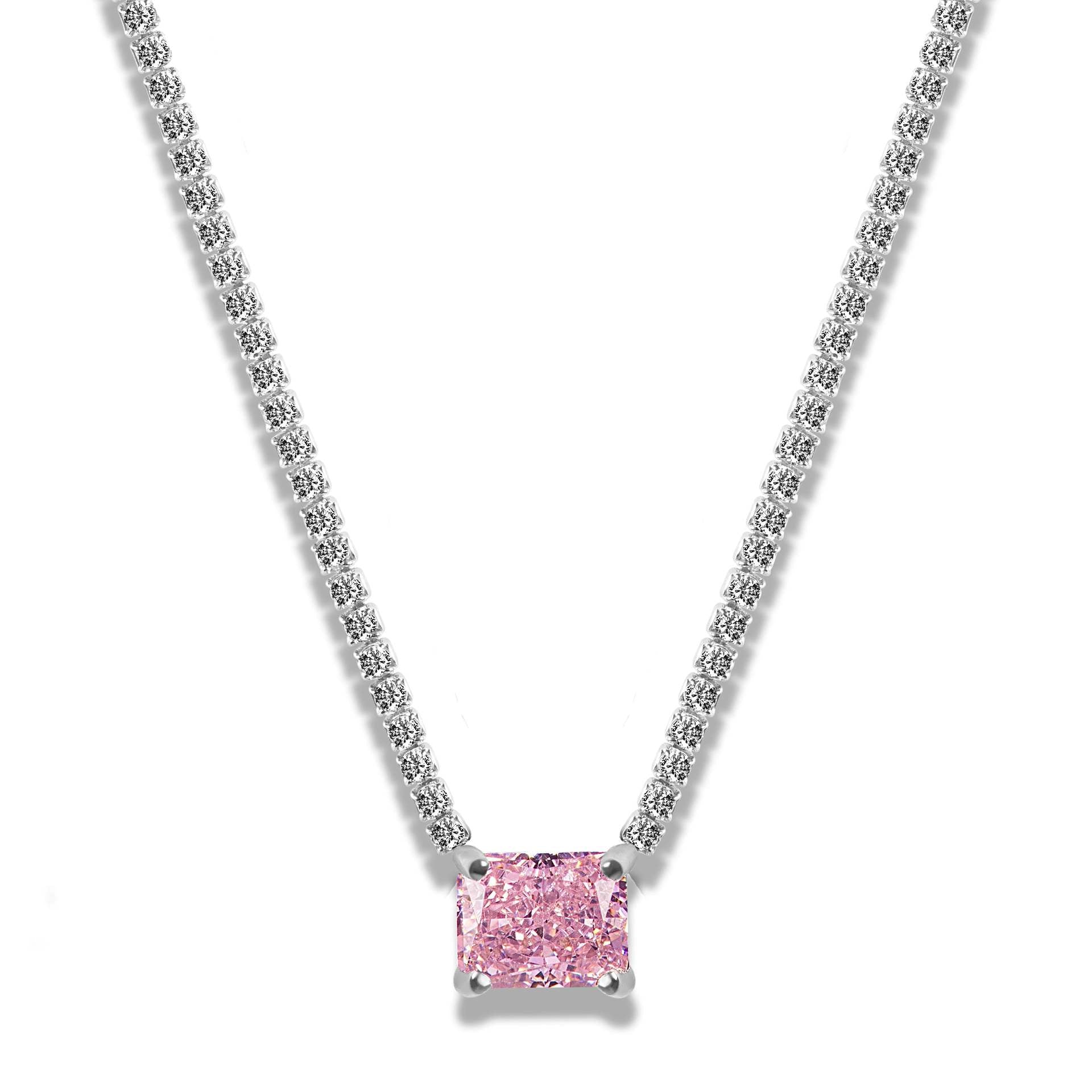 Rectangle Solitaire Silver Yellow Pink Cubic Zirconia Crystal Stainless Steel Anti Tarnish Necklace Chain For Women