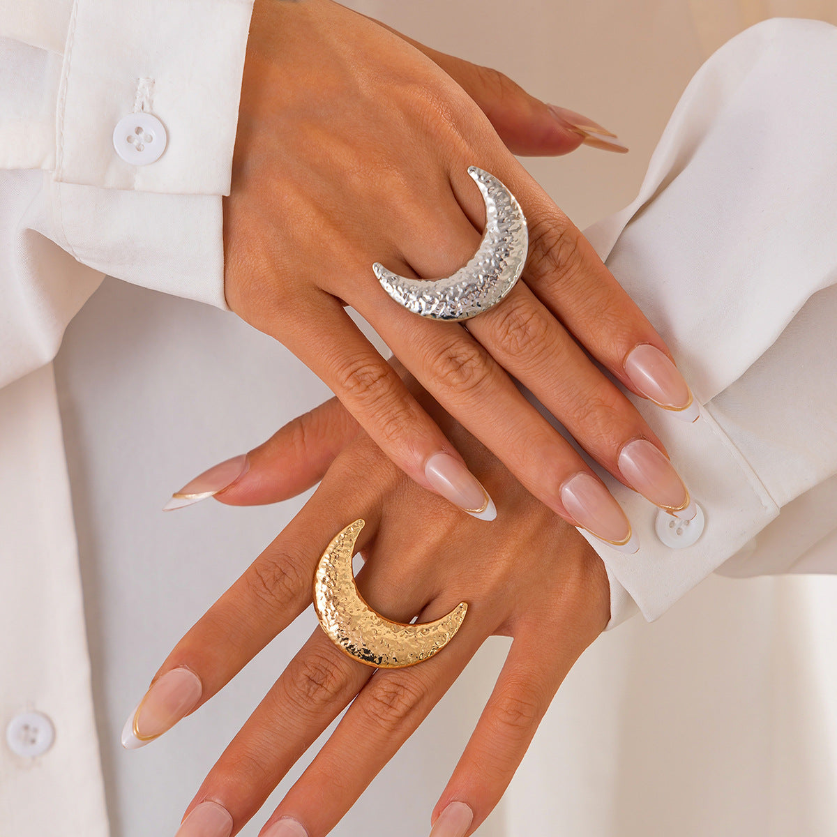 Beaten Finish Crescent Moon 18K Gold Free Size Ring For Women Bulk Main image