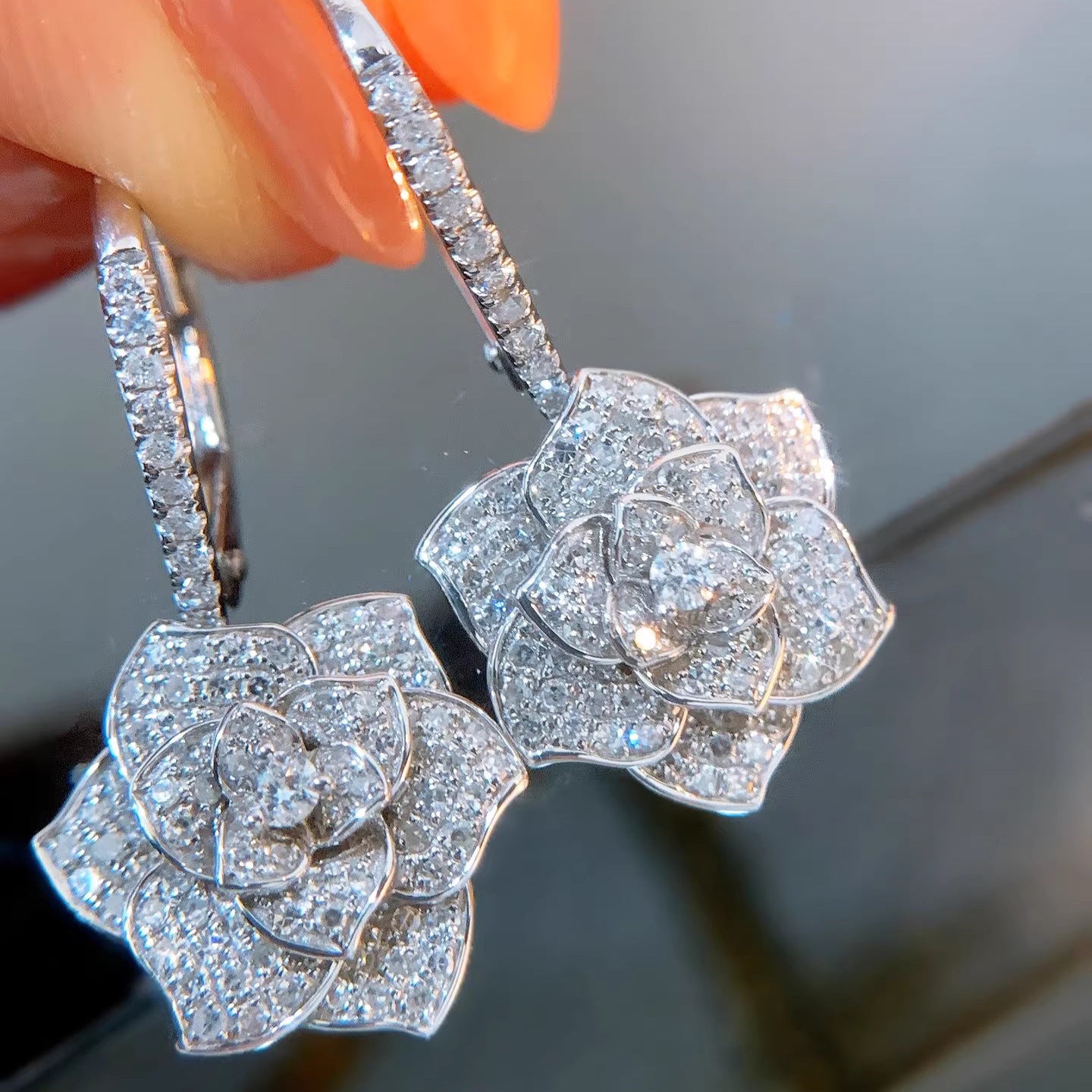 Flower Silver Cubic Zirconia Anti Tarnish Hoop Dangler Earring Bulk Main image