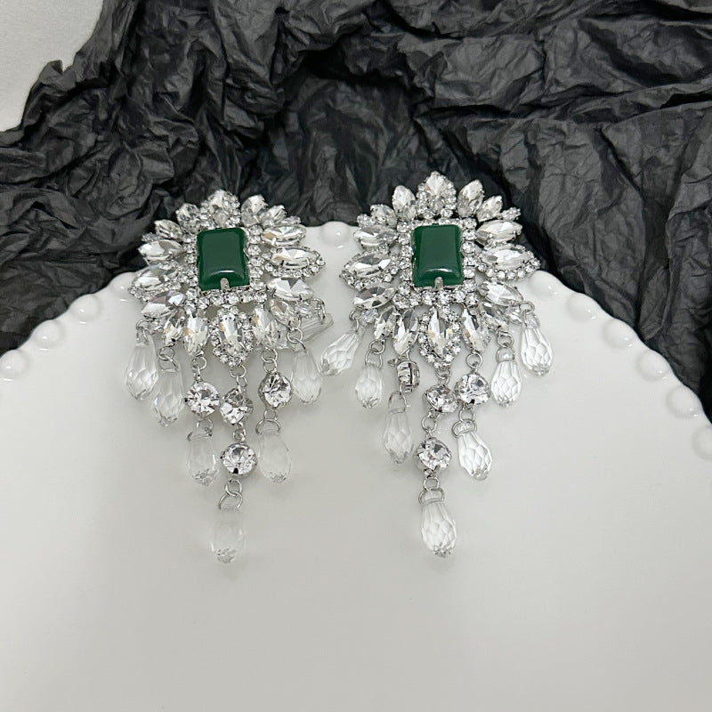 Flower Cubic Zirconia Emerald Green Silver Tassel Dangler Earring Bulk Secondary image