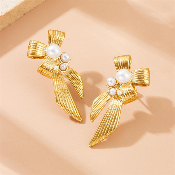 Bow Ribbon 18K Gold Pearl Stainless Steel Anti Tarnish Dangler Earring For Women Secondary image