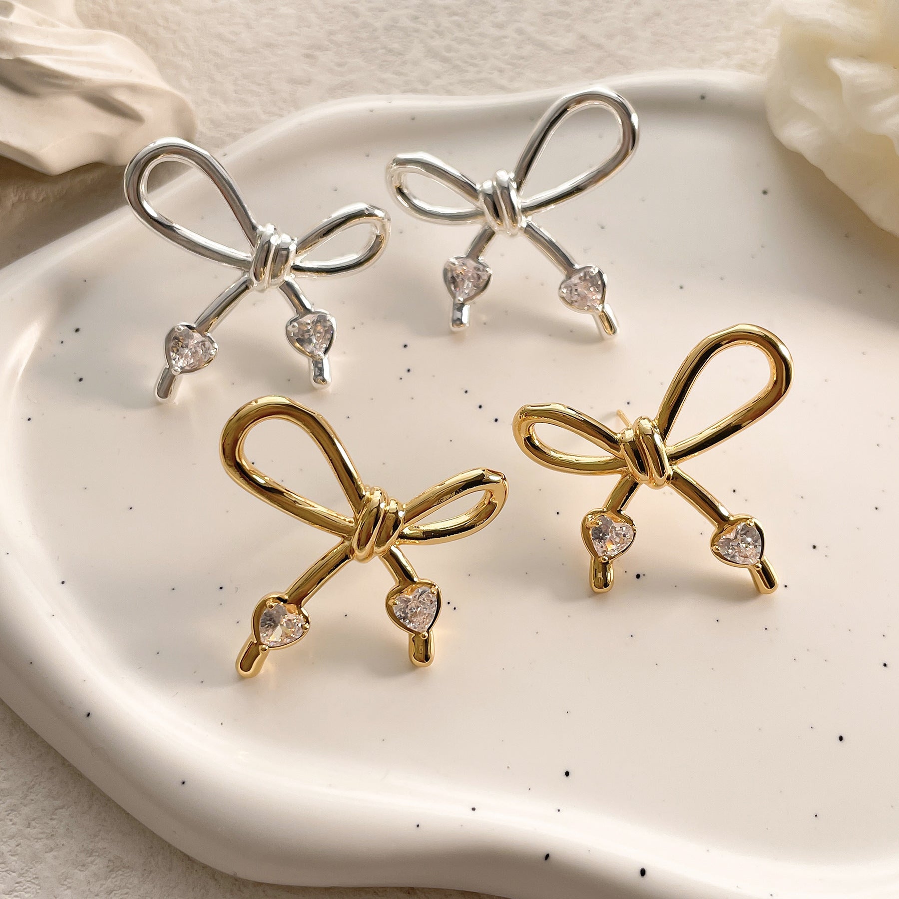 Bow Heart 18K Gold Silver CZ Anti Tarnish Stud Earring Bulk Main image